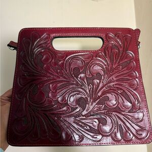 Alejandro Yeo Embossed Floral Burgundy Leather Handbag
